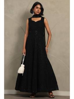 Soch - Black Georgette Anarkali Kurta and Unstitched Sleeves, Churidar with Dupatta