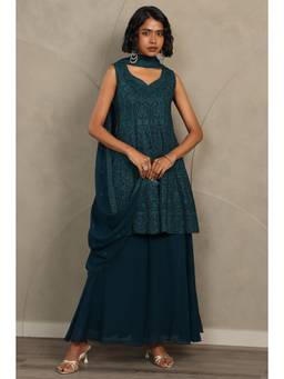 Soch - Teal Embroidered Georgette Kurta and Unstitched Sleeves, Palazzo with Dupatta