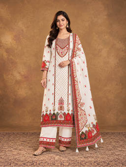 Seerat - Women Off White Embroidered Cotton Silk Kurta and Pant with Dupatta