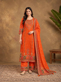 Seerat - Women Orange Embroidered Cotton Silk Kurta and Pant with Dupatta