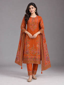 Seerat - Women Orange Embellished/Sequined Cotton Silk Kurta and Pant with Dupatta