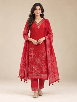 Seerat - Women Red Embellished/Sequined Cotton Silk Kurta and Pant with Dupatta