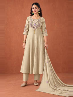 Seerat - Beige Embellished/Sequined Chanderi Silk Anarkali Kurta and Pant with Dupatta