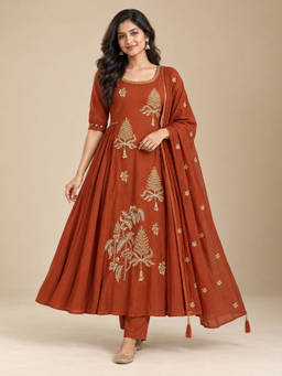 Seerat - Brown Embellished/Sequined Chanderi Silk Anarkali Kurta and Pant with Dupatta