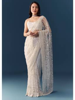 KALKI FASHION - Women White Embellished/Sequined Net Saree with Unstitched Blouse