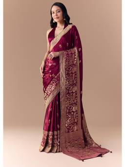 KALKI FASHION - Women Wine Woven Satin Saree with Unstitched Blouse