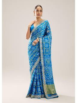 KALKI FASHION - Women Blue Printed Silk Blend Saree with Unstitched Blouse