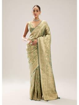 KALKI FASHION - Women Green Woven Tissue Saree with Unstitched Blouse