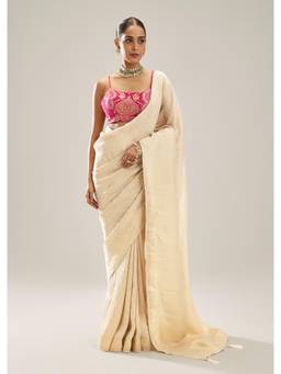 KALKI FASHION - Women Cream Woven Tissue Saree with Unstitched Blouse