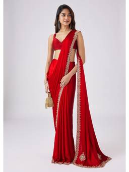 KALKI FASHION - Women Red Embroidered Chinon Saree with Unstitched Blouse
