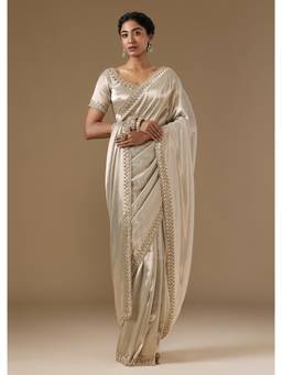 KALKI FASHION - Women Off White Embellished/Sequined Satin Saree with Unstitched Blouse
