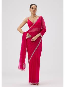 KALKI FASHION - Women Pink Embroidered Organza Saree with Unstitched Blouse