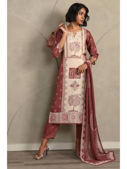 Soch - Women Brown Printed Linen Kurta and Pant with Dupatta