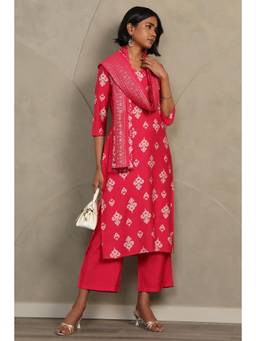 Soch - Women Pink Printed Cotton Blend Kurta and Pant with Dupatta