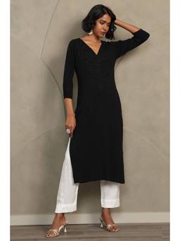 Soch - Women Black Embroidered Rayon Kurta