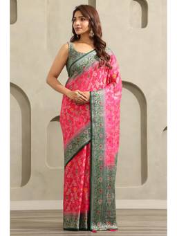 Soch - Women Pink Woven Viscose Saree with Unstitched Blouse