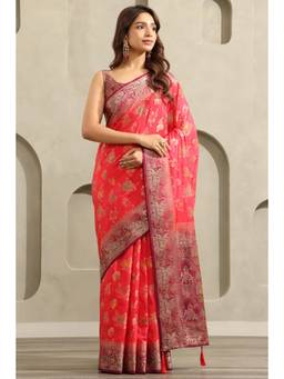 Soch - Women Red Woven Viscose Saree with Unstitched Blouse