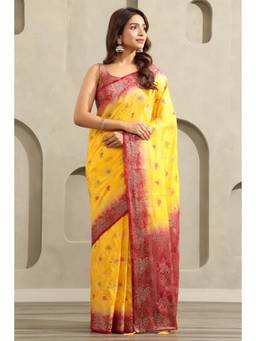 Soch - Women Yellow Woven Viscose Saree with Unstitched Blouse