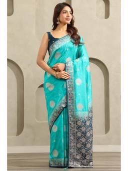 Soch - Women Blue Embellished/Sequined Viscose Saree with Unstitched Blouse