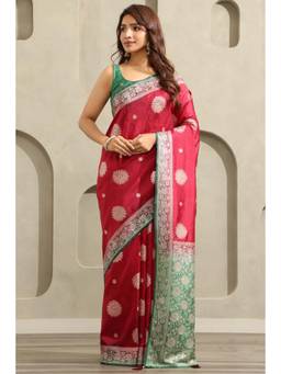 Soch - Women Maroon Woven Viscose Saree with Unstitched Blouse