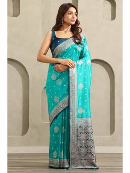 Soch - Women Blue Embellished/Sequined Viscose Saree with Unstitched Blouse