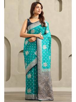 Soch - Women Blue Woven Viscose Saree with Unstitched Blouse
