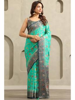 Soch - Women Teal Embellished/Sequined Viscose Saree with Unstitched Blouse