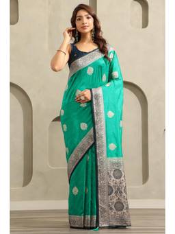 Soch - Women Teal Embellished/Sequined Viscose Saree with Unstitched Blouse