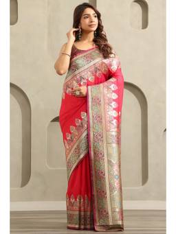 Soch - Women Pink Woven Silk Blend Saree with Unstitched Blouse