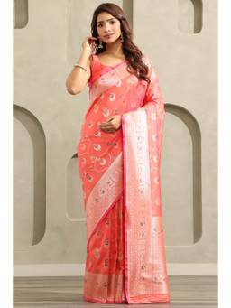 Soch - Women Peach Floral Silk Blend Saree with Unstitched Blouse