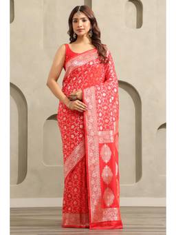 Soch - Women Red Woven Silk Blend Saree with Unstitched Blouse