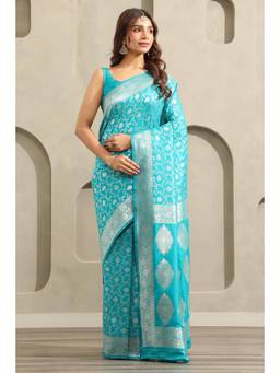 Soch - Women Blue Woven Silk Blend Saree with Unstitched Blouse