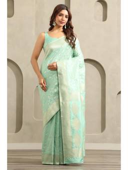 Soch - Women Blue Woven Silk Blend Saree with Unstitched Blouse