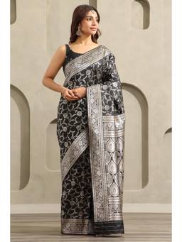 Soch - Women Black Floral Silk Blend Saree with Unstitched Blouse