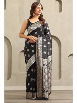 Soch - Women Black Woven Silk Blend Saree with Unstitched Blouse