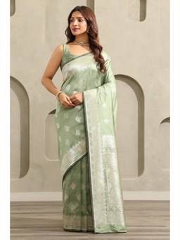 Soch - Women Olive Woven Silk Blend Saree with Unstitched Blouse