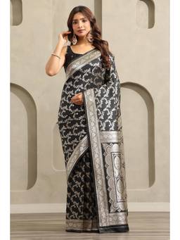Soch - Women Black Woven Silk Blend Saree with Unstitched Blouse