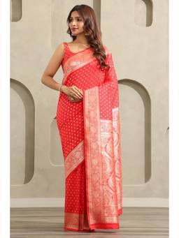 Soch - Women Red Woven Silk Blend Saree with Unstitched Blouse