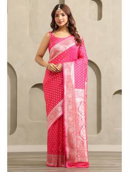 Soch - Women Pink Woven Silk Blend Saree with Unstitched Blouse