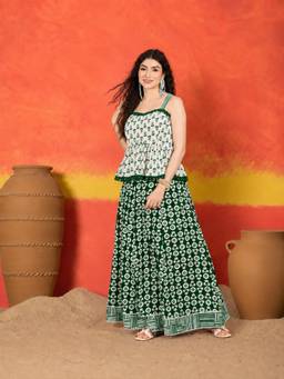 Stylum - Women Green Floral Pure Cotton Top with Skirt