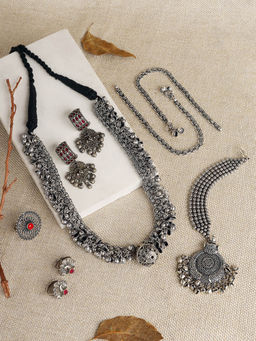 Teejh - Yadava Red Oxidised Silver Jewellery Set
