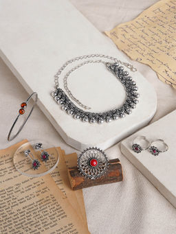 Teejh - Takshashila Red Oxidised Silver Jewellery Set