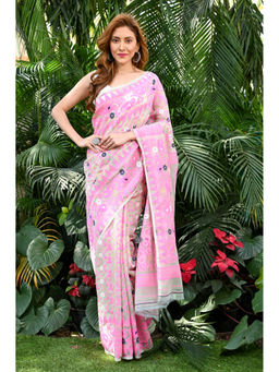 Beatitude - Pink Jacquard Jamdani Cotton Silk Saree with Unstitched Blouse
