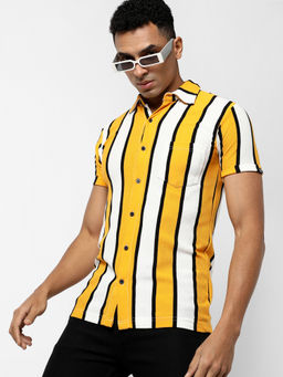 Campus Sutra - Men Yellow Striped Regular Fit Casual Shirt