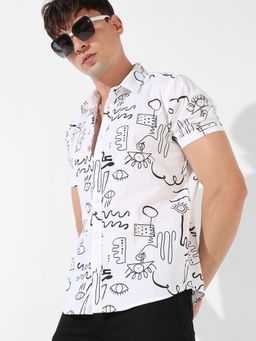 Campus Sutra - Men White Printed Button Up Collared Shirt for Casual Wear