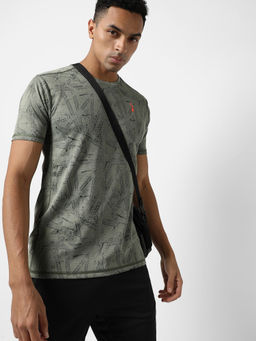 Campus Sutra - Men Olive Green Printed Regular Fit Activewear T-Shirt