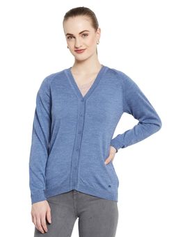 Monte Carlo - Womens Pure Wool Blue Solid V Neck Cardigan
