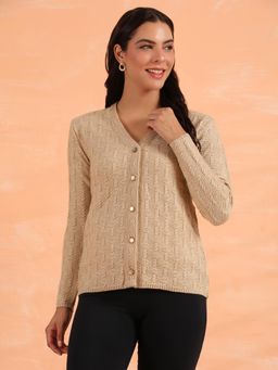 CAYMAN - Women Beige Textured Cable Knit V-Neck Woollen Cardigan