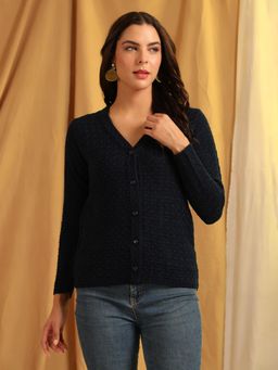 CAYMAN - Women Navy Blue Cable Knit Woollen Cardigan