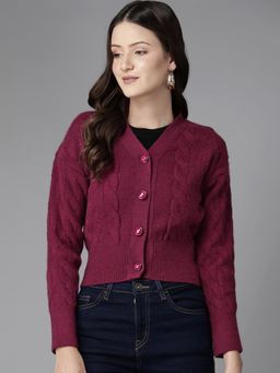 CAYMAN - Women Maroon Cable Knit Woollen Cardigan